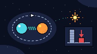 Pixel-art scene of two heavy particles in a glowing orbit radiating force carriers into an annihilation flash, with a shrinking yield bar