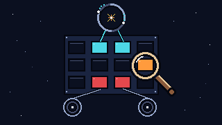 Pixel-art scene of twelve operator tiles on a survey board with a collider ring above, detector rings below and a magnifying glass