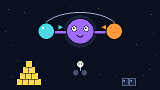 Pixel-art scene of a smiling leptoquark bridging a lepton and a quark orb, with a neutrino weight over matter and antimatter piles