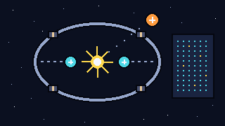Pixel-art scene of two plus-marked muons racing around a collider ring into a flash, with a tau flying out and an event counter panel