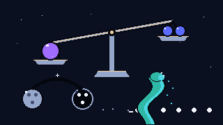 Pixel-art scene of a balance scale, a neutron flipping into a colour-inverted antineutron, and a teal washout wave over matter particles