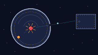 Pixel-art scene inside a giant water tank where a proton decays and an exotic particle sails through a glowing gap toward a far detector
