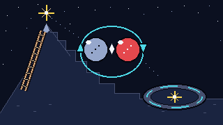 Pixel-art scene of a neutron flipping into an antineutron, an energy-scale ladder on a mountain and a collider ring in a valley