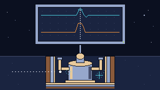 Pixel-art scene of a cryostat detector in a shielded pit with a photon spike and a nuclear-recoil kick on a readout scope