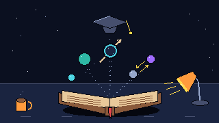 Pixel-art scene of an open thesis with physics icons rising from its pages: kaon, pion, neutrino, flipping neutron pair and a graduation cap