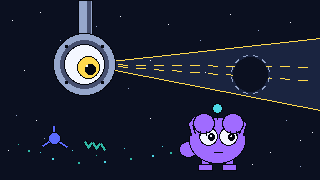 Pixel-art scene of a lens-eyed photon detector scanning an empty target while a purple ALP covers its eyes and sneaks below, trailing boson sparks