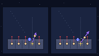 Pixel-art scene of polarised nuclei with aligned spin arrows and a dark-matter particle striking one nucleus, which recoils at an angle