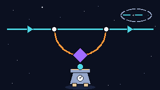 Pixel-art scene of a loop diagram with heavy fields over a neutrino line and a tiny neutrino on a weighing scale