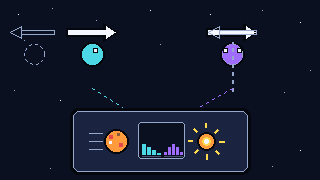 Pixel-art scene of a Dirac neutrino twin with a direction arrow beside a Majorana neutrino overlapping its own reflection, above a detector