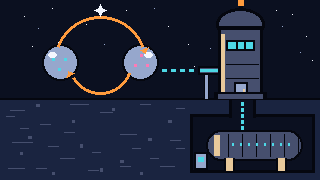 Pixel-art scene of a neutron and mirrored antineutron linked by an exchange loop beside a tall detector tower and an underground cavern detector
