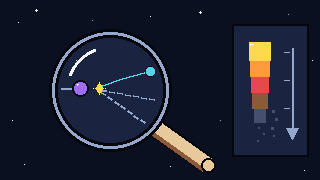 Pixel-art scene of a magnifying glass over a kaon decay vertex, with a matter bar fading from bright to dim
