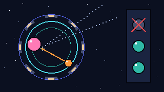 Pixel-art scene of a B meson decaying into a K meson and invisible particles inside a detector ring, beside three lepton-family icons
