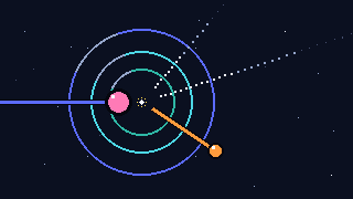 Pixel-art scene of a kaon decaying at the centre of three ring detectors, sending a pion one way and dotted invisible trails the other