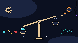 Pixel-art scene of a cosmic balance tipping toward a heap of matter over an almost empty antimatter pan, ringed by mechanism vignettes