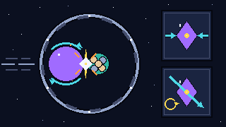 Pixel-art scene of a spinning vector dark-matter ball with curved spin arrows striking a nucleus inside a detector ring, with two operator tiles